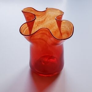 6" Ruby Persimmon Orange Amberina Ruffled Top Handcerchief Art Glass Vase